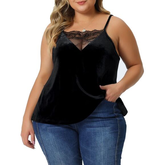 Velvet Camisole Plus Size Adjustable Strap Lace Sleeveless Cami Tank Tops Black - Picture 2 of 6